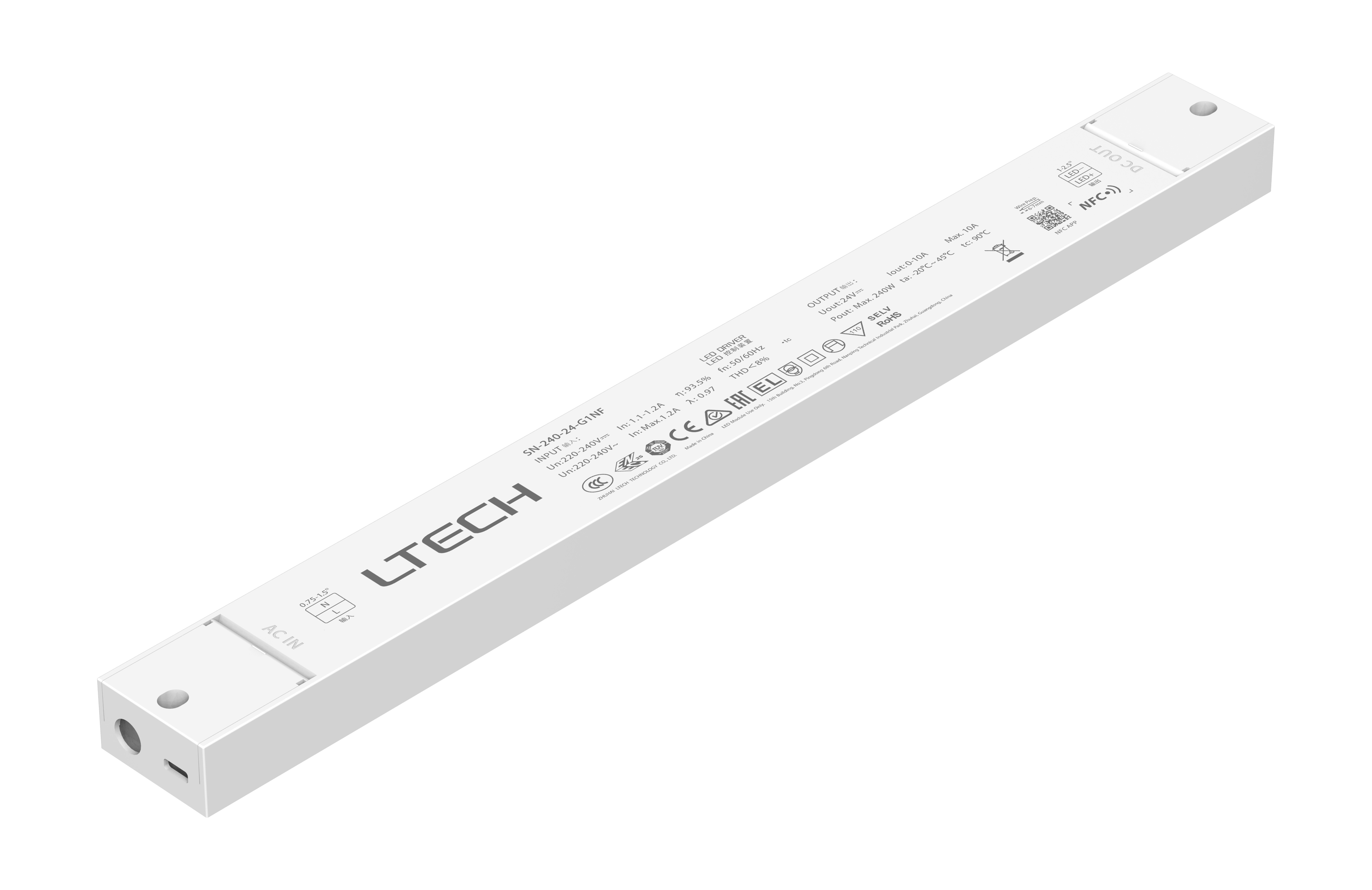 SN-240-24-G1NF-NFC  Intelligent Constant Current NFC ON/OFF LED Driver;  240W; 24VDC 10A ; 220-240Vac; IP20; 5yrs Warrenty.